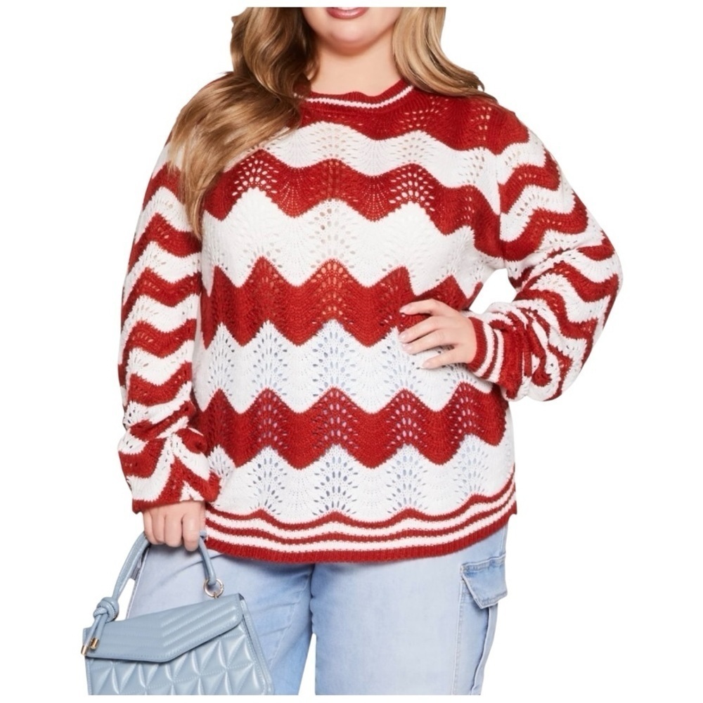Caren Sport Red and White Wave Knit Sweater, Plus Size 2X